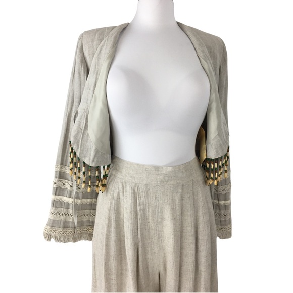Vintage Sue Wong Linen 2 Piece Suit Jacket Gauchos Linen Wooden Beads size Small - Picture 11 of 16